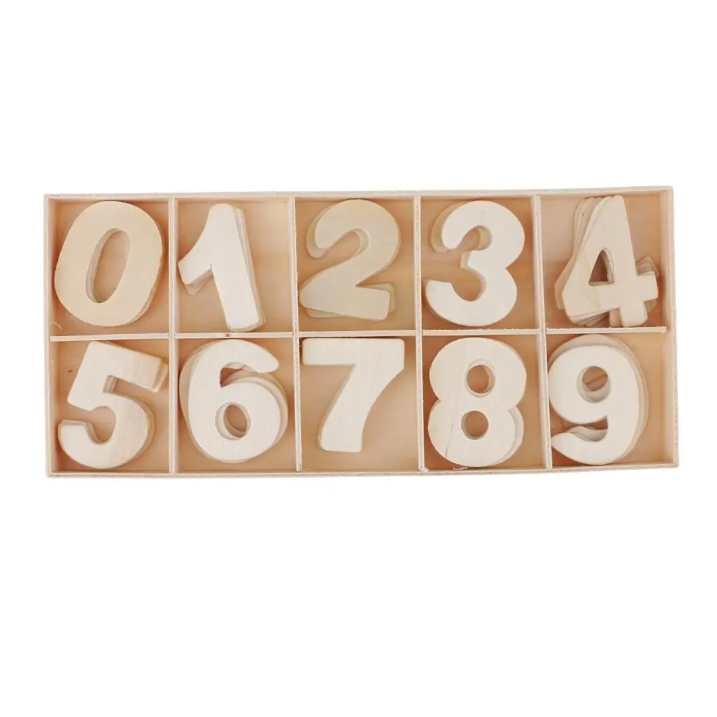 60 Pieces Natural Wooden 0-9 Arabic Numeral Embellishment with Box