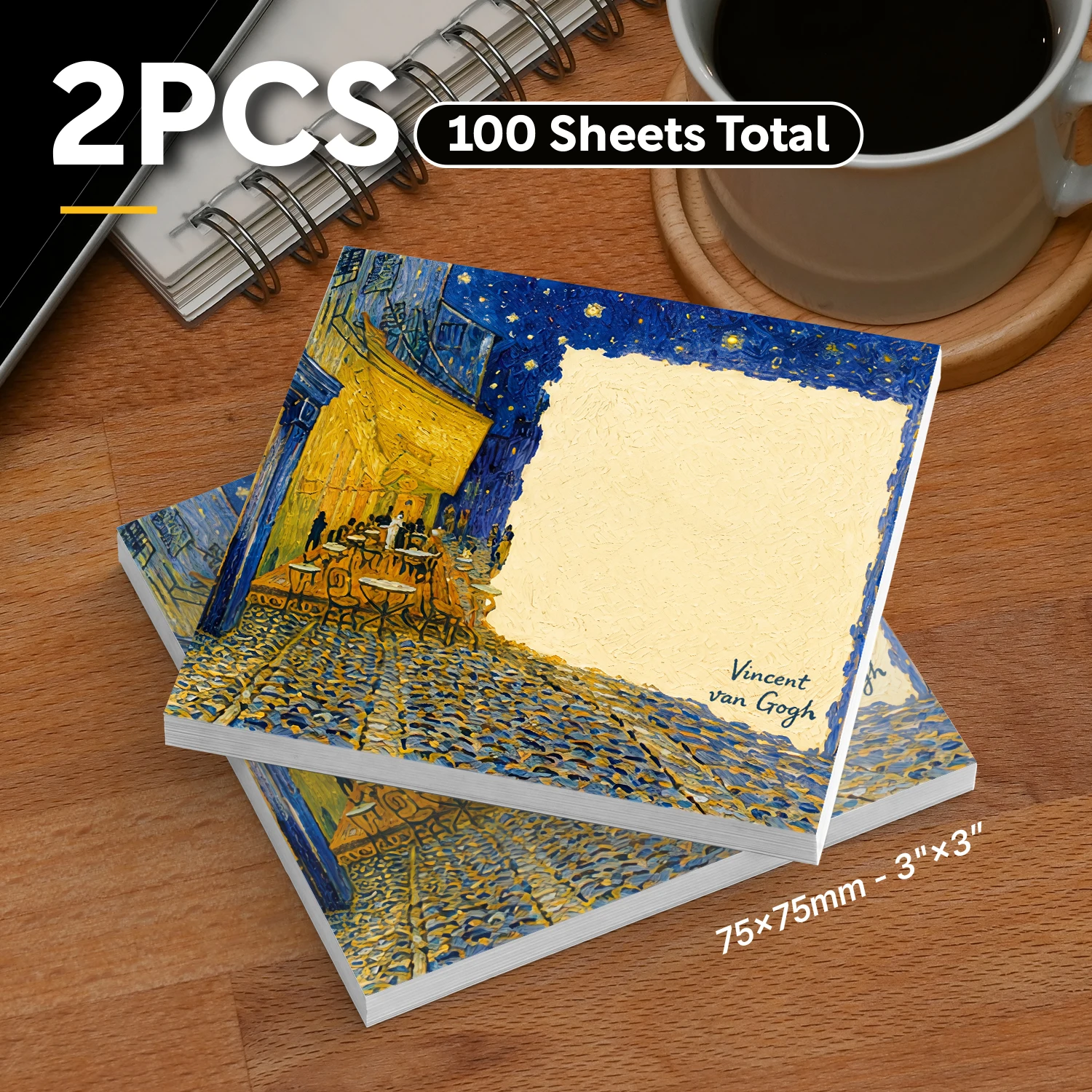 2 Pcs 100 Sheets Total Van Gogh Inspired Starry Night Sticky Notes, Vintage Cafe Oil Painting Memo Pads, Artistic Self-Adhesive