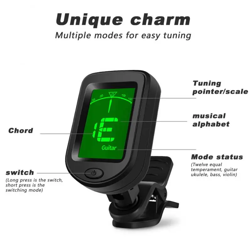 360 Degree Rotatable Universal Guitar Tuner Black Clip-On LCD Display Automatic Tuning Guitar Bass Ukulele Violin Tuner Musical