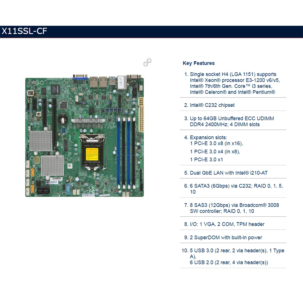 

For Supermicro Server Micro-ATX Motherboard LGA1151 C232 Chipset Supports E3-1200 v6/v5 7th/6th i3 Series X11SSL-CF