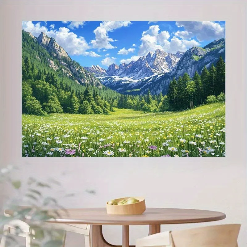 1 arte de pared 3D con paisaje de montaña escénico: pradera exuberante con picos de nieve, flores silvestres y lagos vibrantes, poliéster
