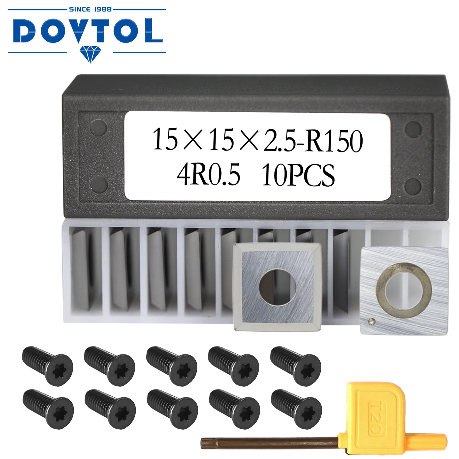 

15x15x2.5mmR150-4R0.5 Square Carbide Cutter Inserts Replacement for Woodworking Spiral Helical Planer Head and Turning Tool 10pc