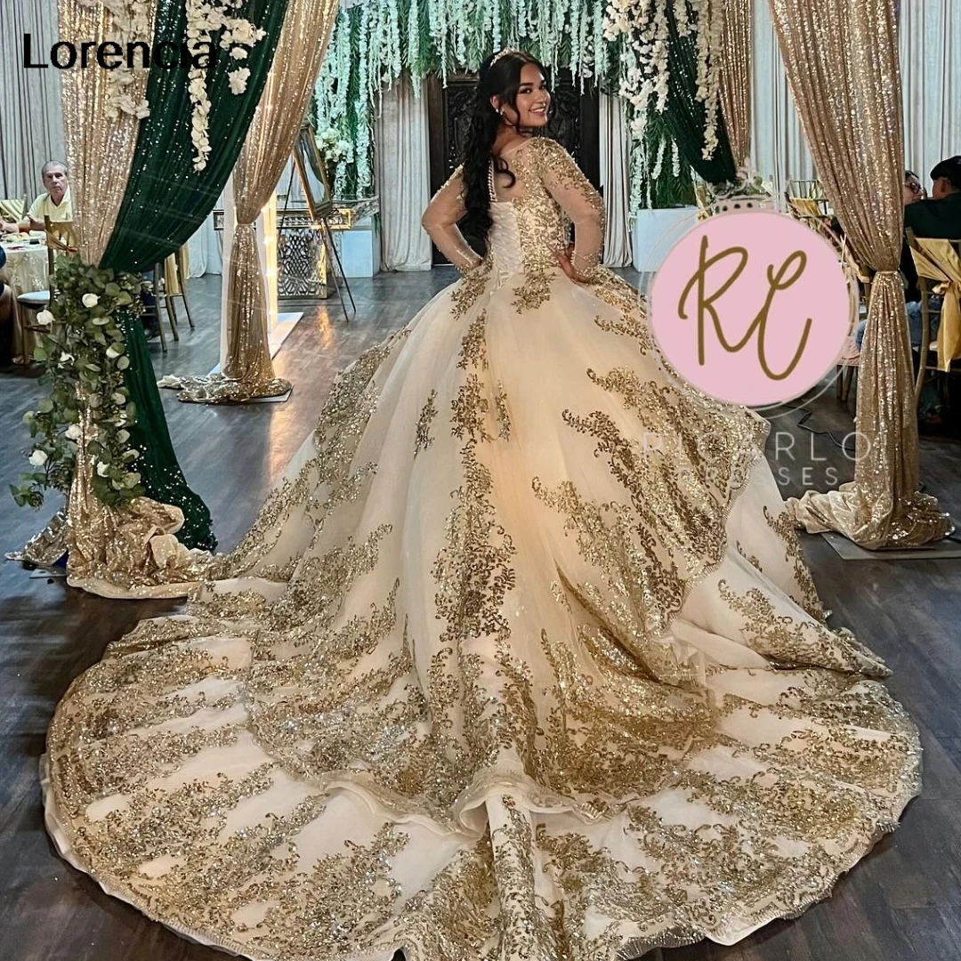 

Платье Quinceanera цвета шампанского по индивидуальному заказу, бальное платье с золотой кружевной аппликацией, расшитое бисером, с длинными рукавами, Sweet 16, Vestidos De 15 Años YQD847
