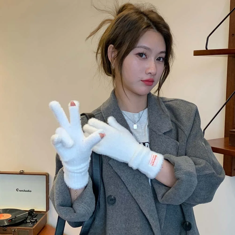 Fashion Y2K Soft Finger Gloves Touch Screen Faux Rabbit Hair Candy Color Gloves Windproof Furry Anti-cold Mittens Students