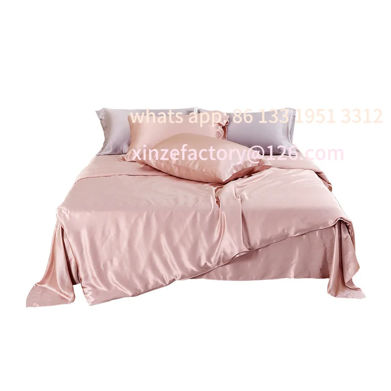 

Four-piece set of mulberry silk silk tribute satin sheets quilt cover bed canopy solid color silk set bedding
