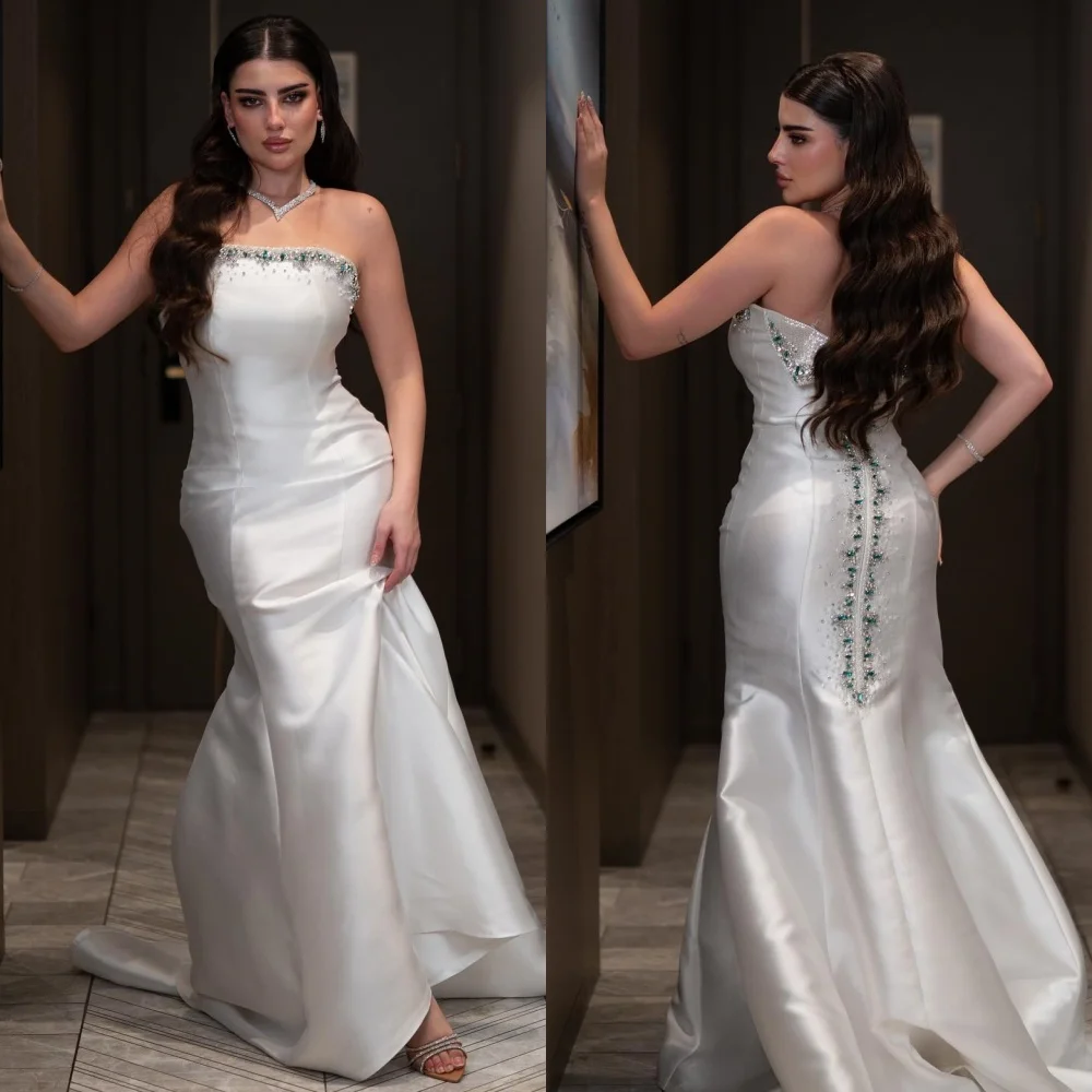 

Customized Sizes Available Charmeuse Pleat Sequined Mermaid Strapless Long Dresses Bespoke Occasion Formal Fashion