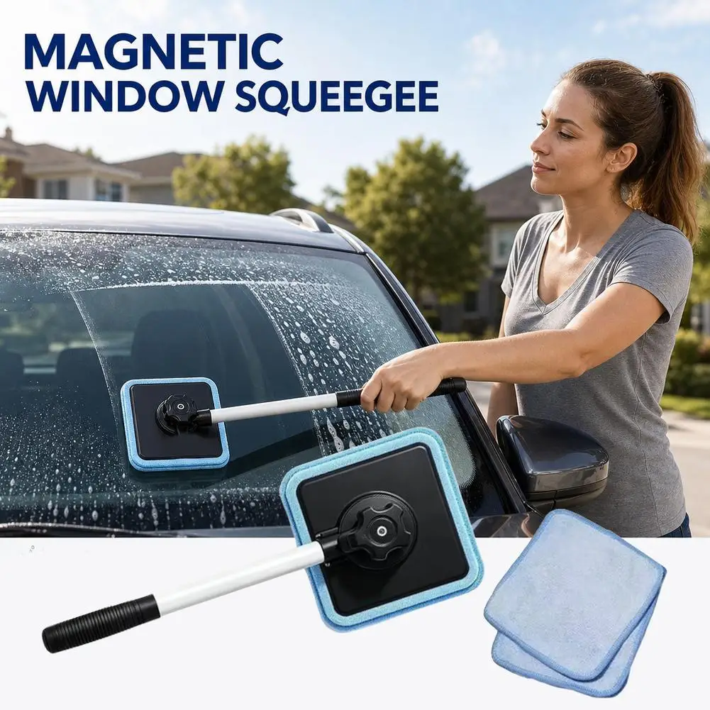 Extendable Handle Windshield Cleaner Magnetic Lock Streak-Free Car Window Cleaning Tool Glass Cleaning Kit Detachable Pads ﻿