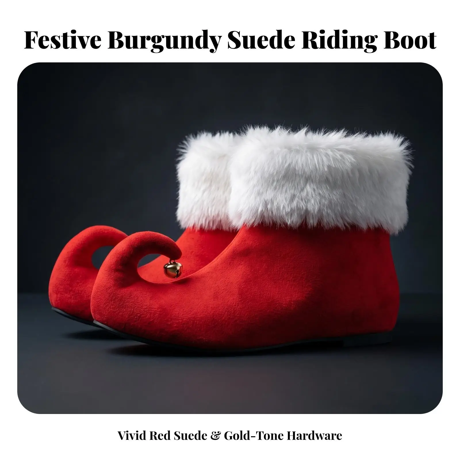 Jingle Bell Boots for Festive Celebrations Red Elf Shoes with Faux Fur Collar Chunky Heel Mid Calf Rubber Sole Winter