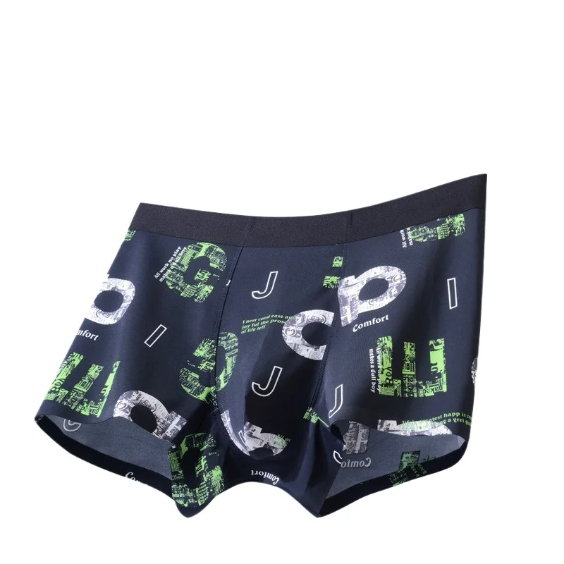 

Мужские сексуальные боксеры, летнее нижнее белье с буквенным принтом, дышащие бесшовные трусики из ледяного шелка, высокоэластичные U-образные выпуклые плавки с мешочком