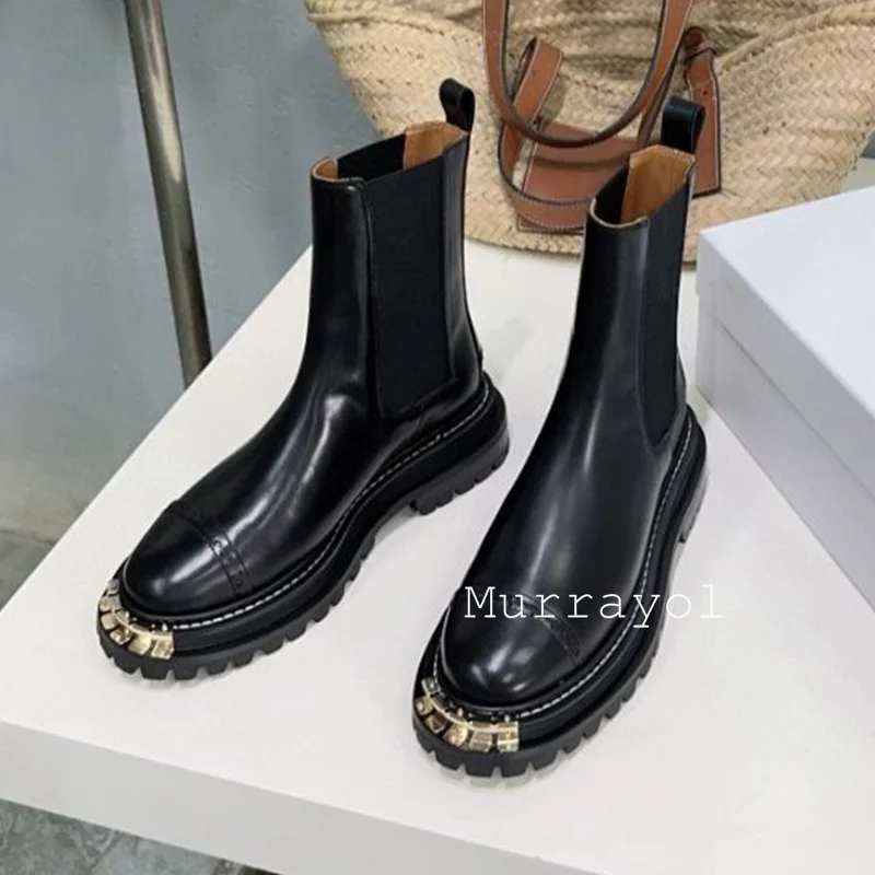 Okrągłe Toe metalowe grube dno krótkie buty damskie prawdziwej skóry gumką łączenie kostki Botas jesienne zimowe Chelsea Boots