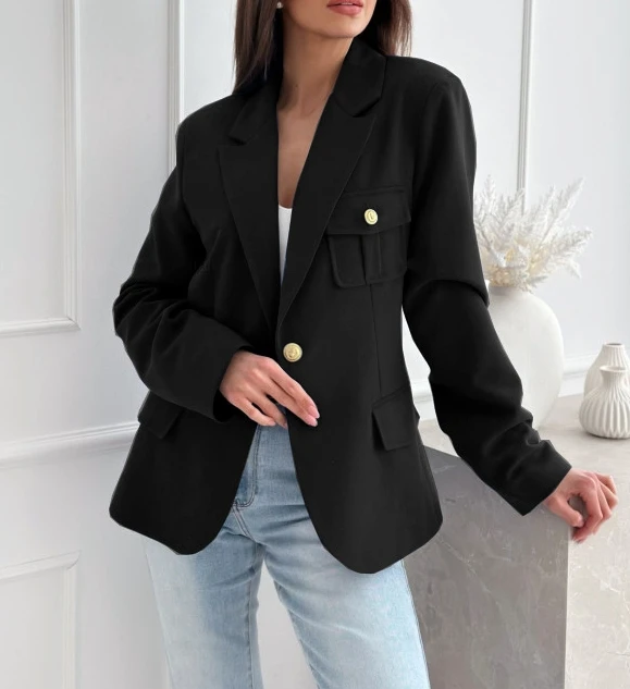 Women's Blazer Fashion Elegant Work Outfits Autumn Winter Solid Color Notched Collar Long Sleeve Button Pocket Design Coat Top