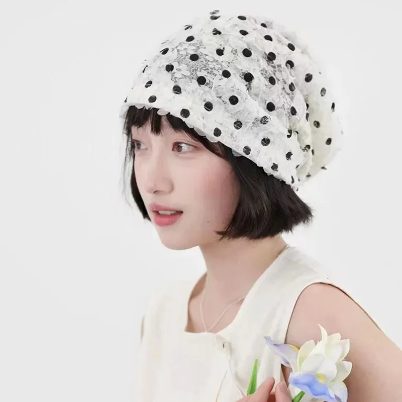 

Spring Summer New Niche Polka Dot Lace Mesh Pullover Hat Big Head Thin Breathable Trend Skull Beanie Sweet Cap for Women