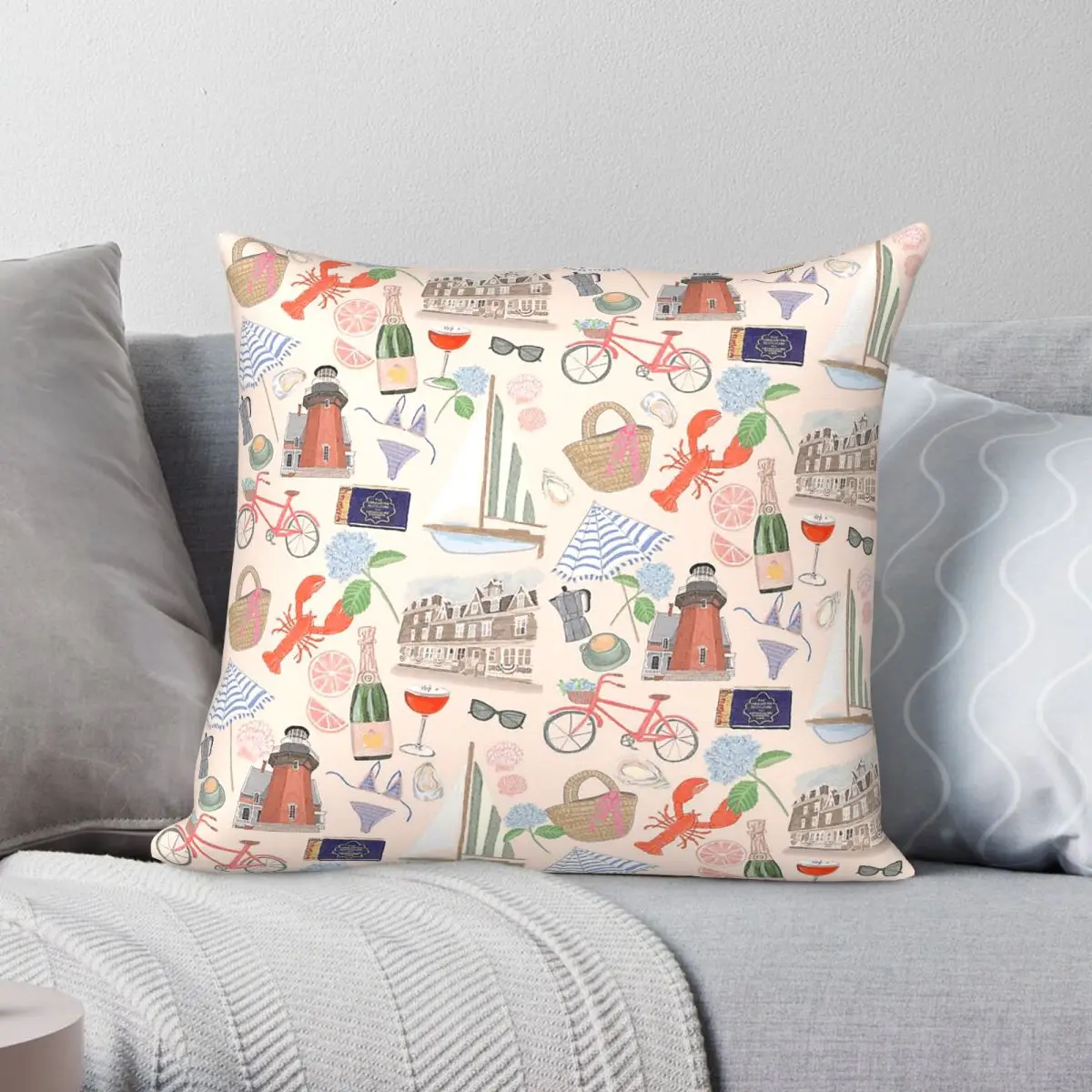 New England Summer Coastal Square Pillowcase Polyester Linen Velvet Creative Zip Decorative Sofa Cushion Cover