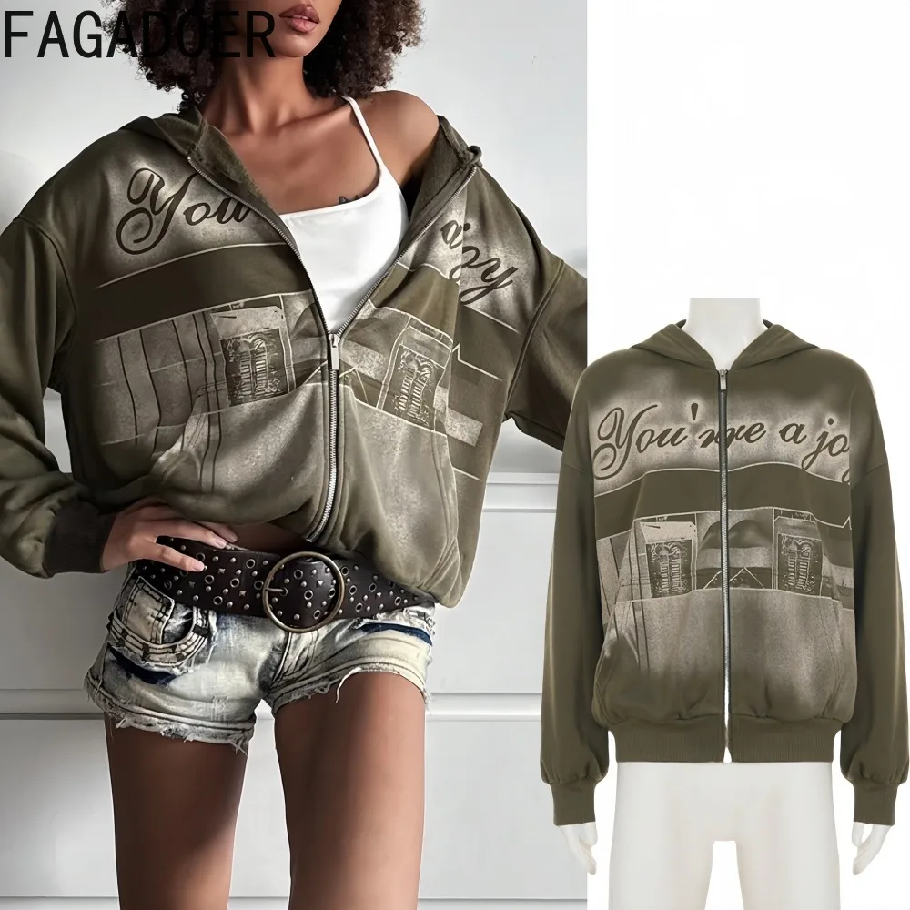 

FAGADOER Fashion Letter Printing Coat Woman 2 Piece Set Outfit Zipper Long Sleeve Hooded Jacket Female Streetwear Clothing New
