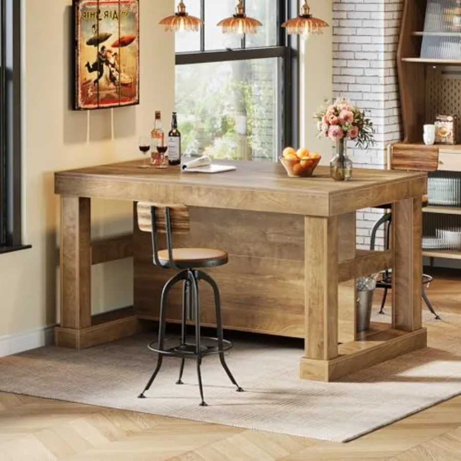 

Bar Table, 55-Inch Counter Height Pub Table with Storage Shelves, High Top Kitchen Dining Table, Rectangle Wood Home Bar Unit f