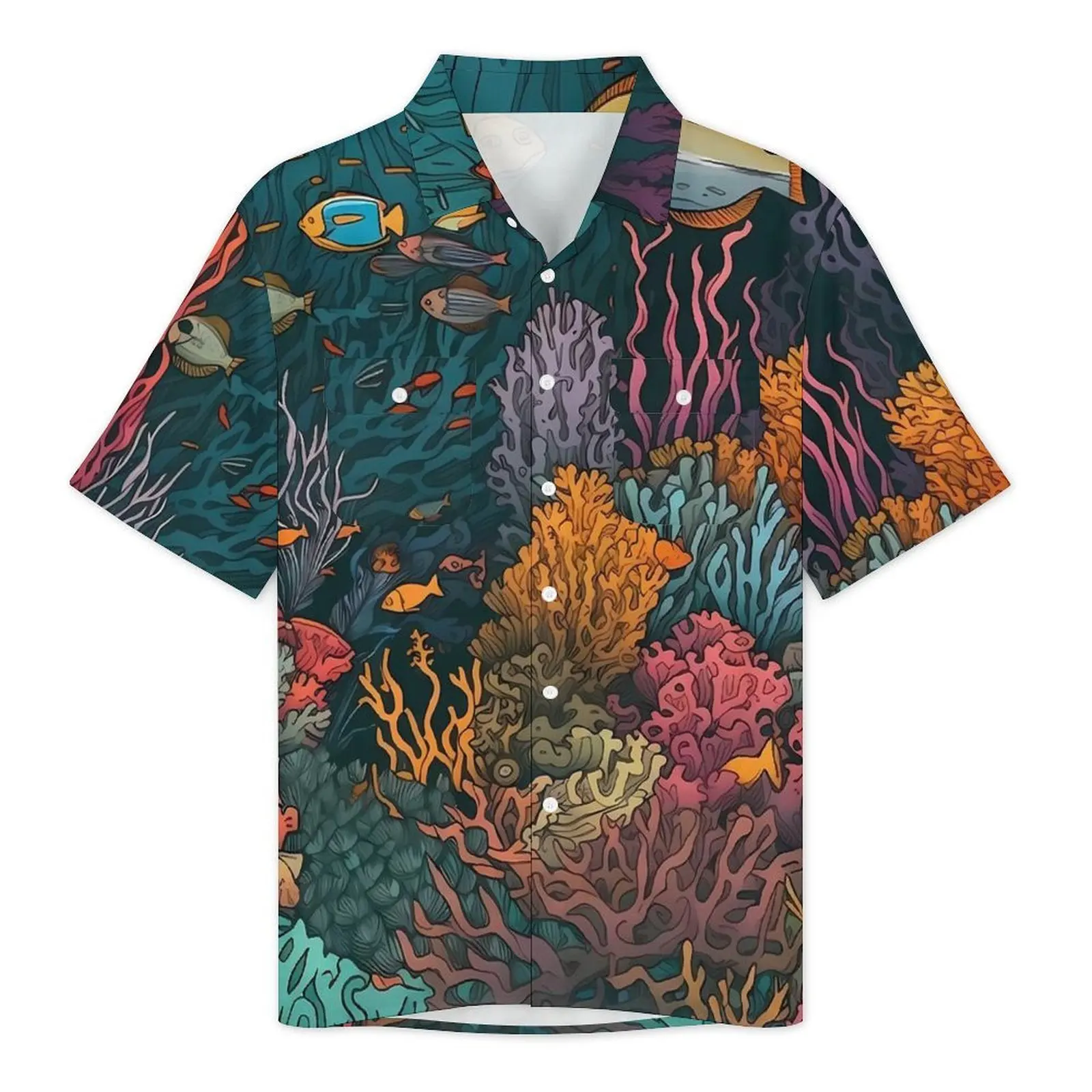 Tropical Marine Vacation Shirt Coral Reef Print Hawaii Casual Shirts Men Vintage Blouses Short Sleeve Y2K Street Design Top