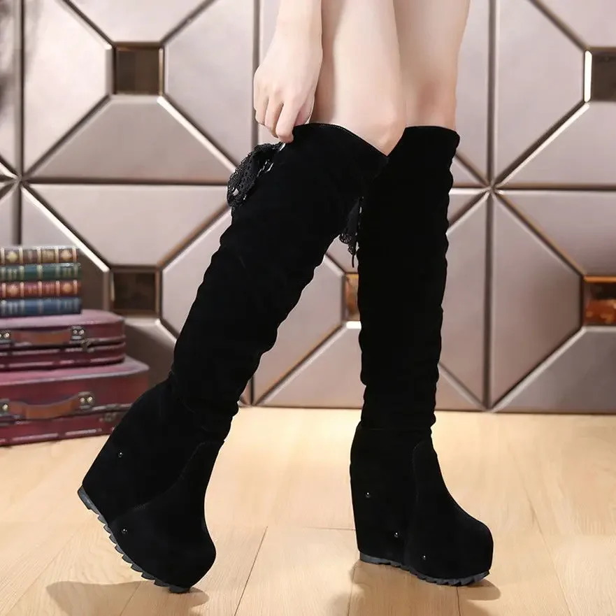 Wedge Heel Above Over The Knee with Laces Women\'s Boots Shoes for Woman Lace-up Thigh High Platform Footwear Round Toe Goth Pu