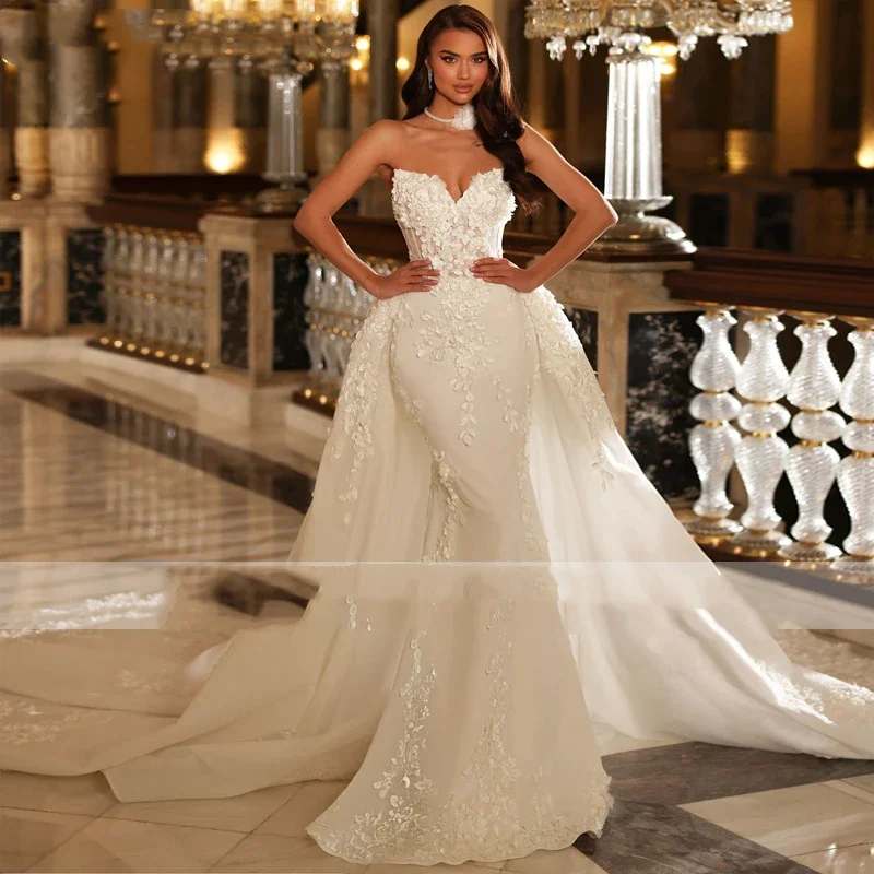 

On Zhu Customized Charming Strapless Beading Flowers Mermaid Wedding Dresses Appliques Detachable Train Trumpet Bridal Gown 2025