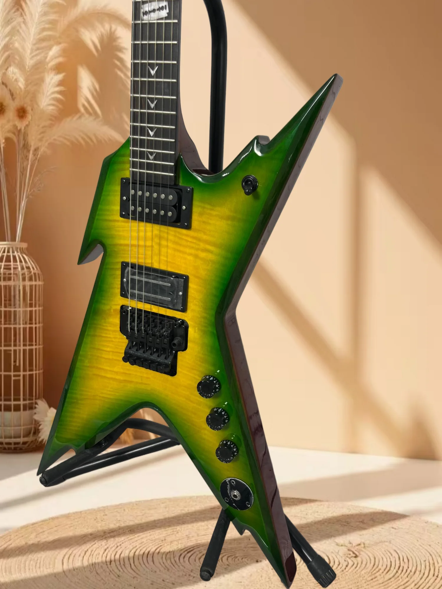 

Free Shipping Green Yellow Gradient War Style Electric Guitar HH Pickups Double Locking Tremolo Bridge Mahogany Body Metal