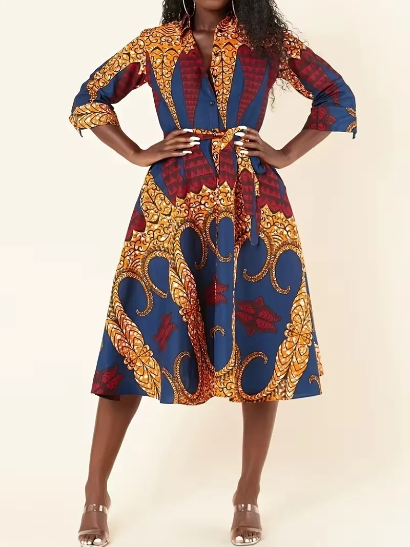 Sukienka damska w kwiatowy wzór, tradycyjna sukienka imprezowa zapinana na guziki z rękawem trzy czwarte.