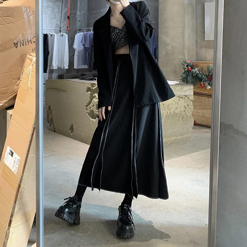 Y2K Striped Pleated Midi Skirts Women Streetwear Vintage Patchwork A Line Skirt Korean Gothic High Waist Black Casual Skirts New