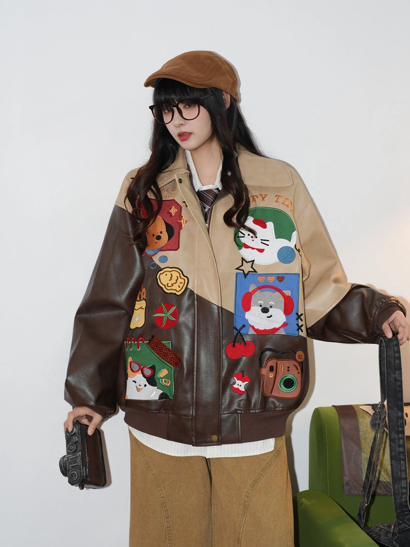 Loose Fit Embroidered Patchwork Color Block Leather Jacket Street Style Autumn Outerwear for Men And Women Cartoon Stitching
