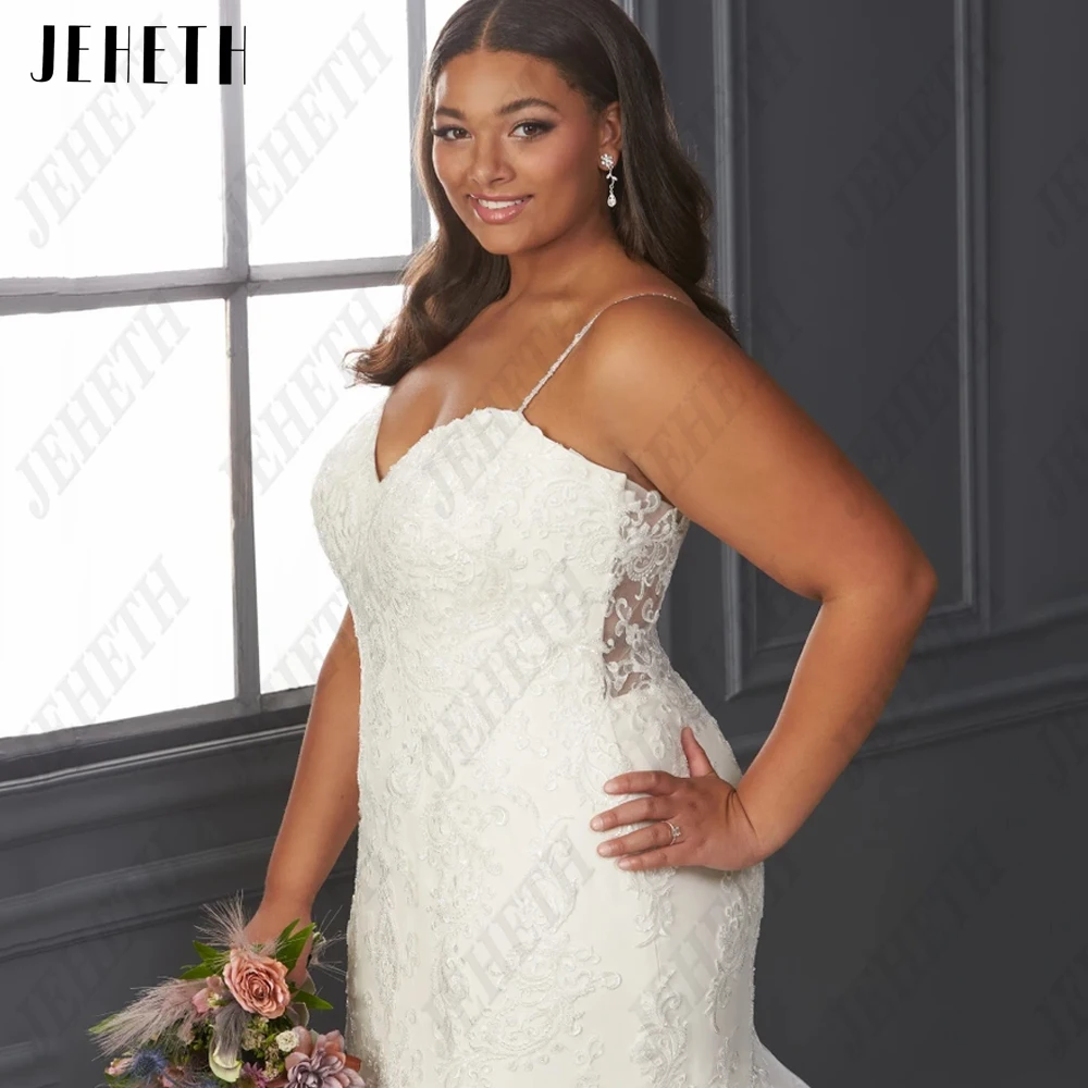 JEHETH Plus Size Abiti da sposa Spaghetti Straps Senza maniche Sweetheart Bride Gowns MermaiJEHETH Plus Size abiti da sposa senza spalline senza maniche Sweetheart abiti da sposa sirena Tulle Applique vestidos de novia