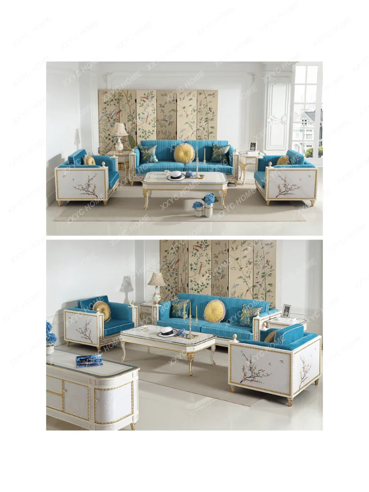 Wind Blue Fabric Sofa Combination Solid Wood Luxury Hand-Painted European Living Room Furniture