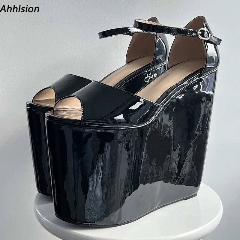Ahhlsion Handmade Women Summer Glossy Sandals Wedges High Heeled Peep Toe Beautiful Black Party Shoes Ladies US Size 4-15
