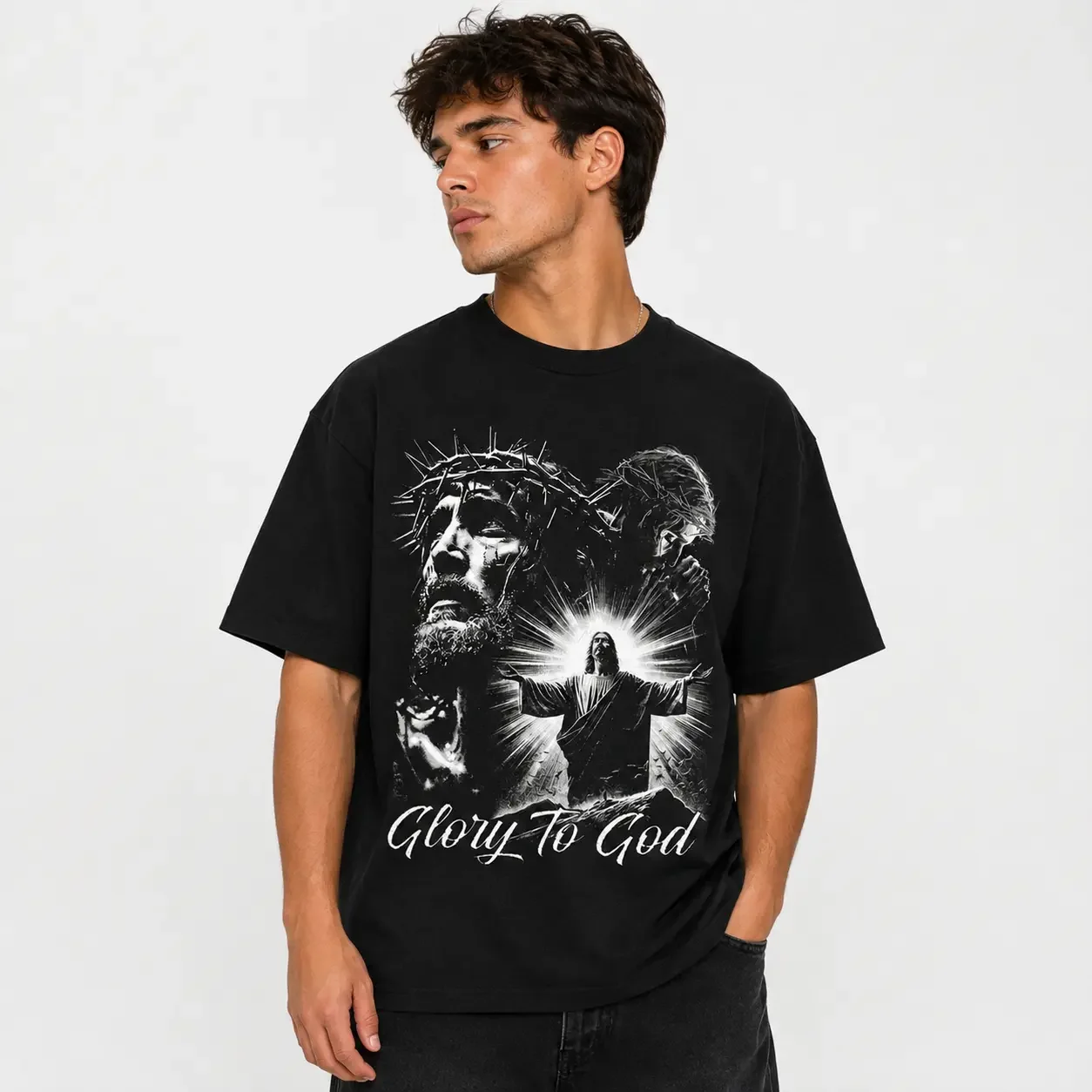Glory To God Jesus Christ Graphic T-Shirt, Christian Faith Crown Of Thorns Black White Art Print Black Short Sleeve Tee, Religious Gift