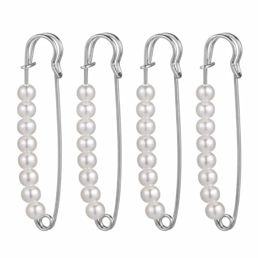 

4PCS Pearl Brooch Pins for Women, Silver Decorative Safety Pins for Clothes Hijab Sweater Scarf Hat and Bag Accessories, Elegan
