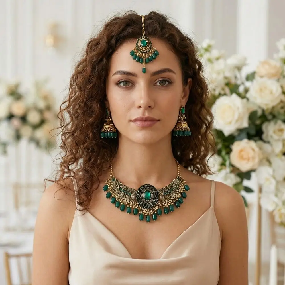 Alloy Tassel Wings Shaped Jewelry Sets Indian Style Exquisite Rhinestone Jewelry Set Shining Tassel Necklace Indian Bridal