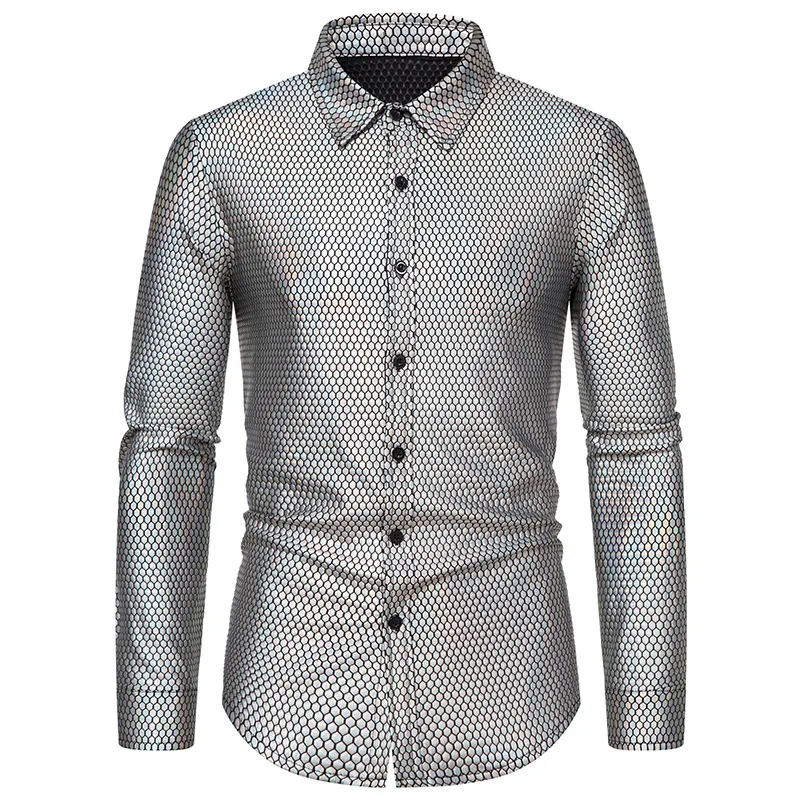 Black Polka Dot Bronzing Shirt Men 2022 Brand Slim Fit Long Sleeve Mens Dress Shirts 70s Disco Party Stage Prom Chemise Homme