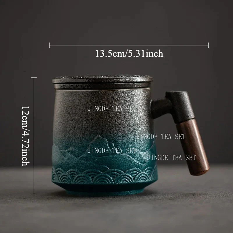 

Ceramic Strainer Tea Cup Mug with Lid Luxury Coffee Cups Large Office Tea Water Japanese Vintage Original Mugs Wood Handle Gift