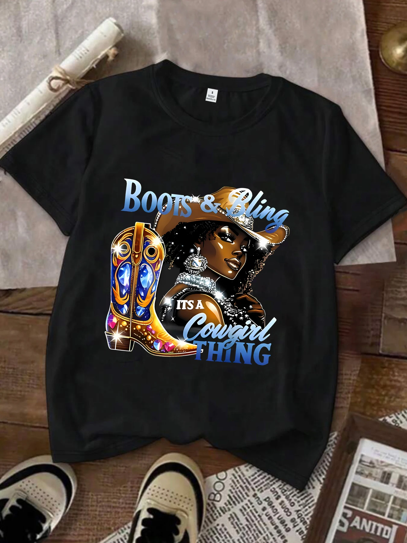 

Cowboy boots Plus size women's round neck short sleeve T-shirt with elastic half sleeves and trendy prints