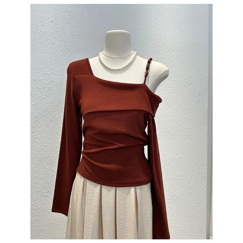 

Pure Lust Style Long-sleeved T-shirt for Women in Autumn Fashion Off-shoulder Slimming Bottoming Shirt Unique Irregular Top