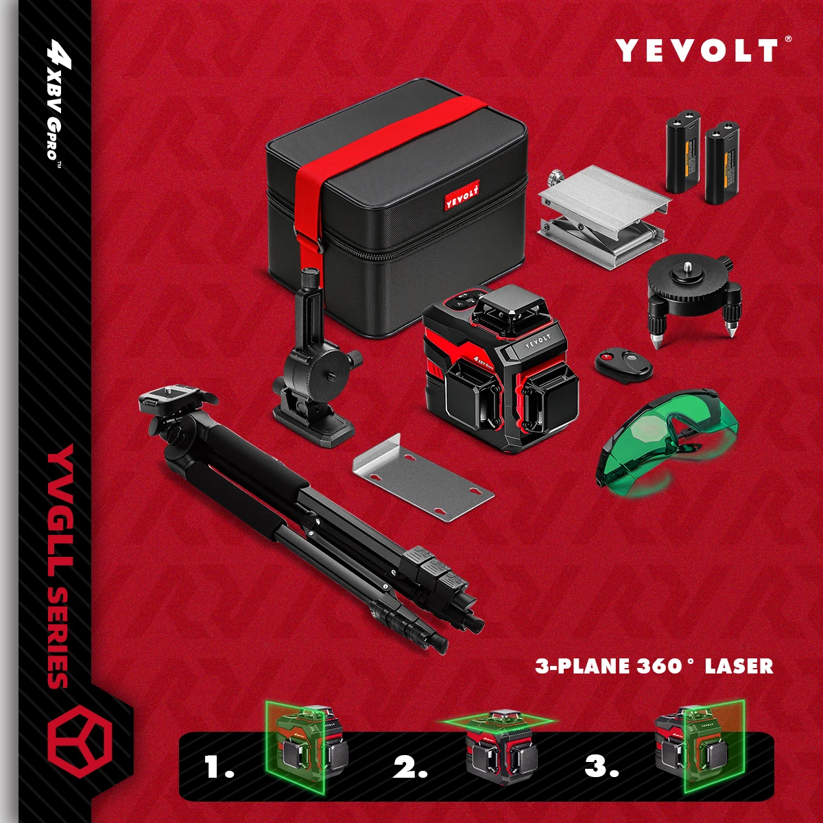 

YEVOLT YVGLL4XS12 Multi-Axis Laser Level Generator 12-Line Daylight Visible Dual-Power High Precision Self-Leveling ProGrade 30