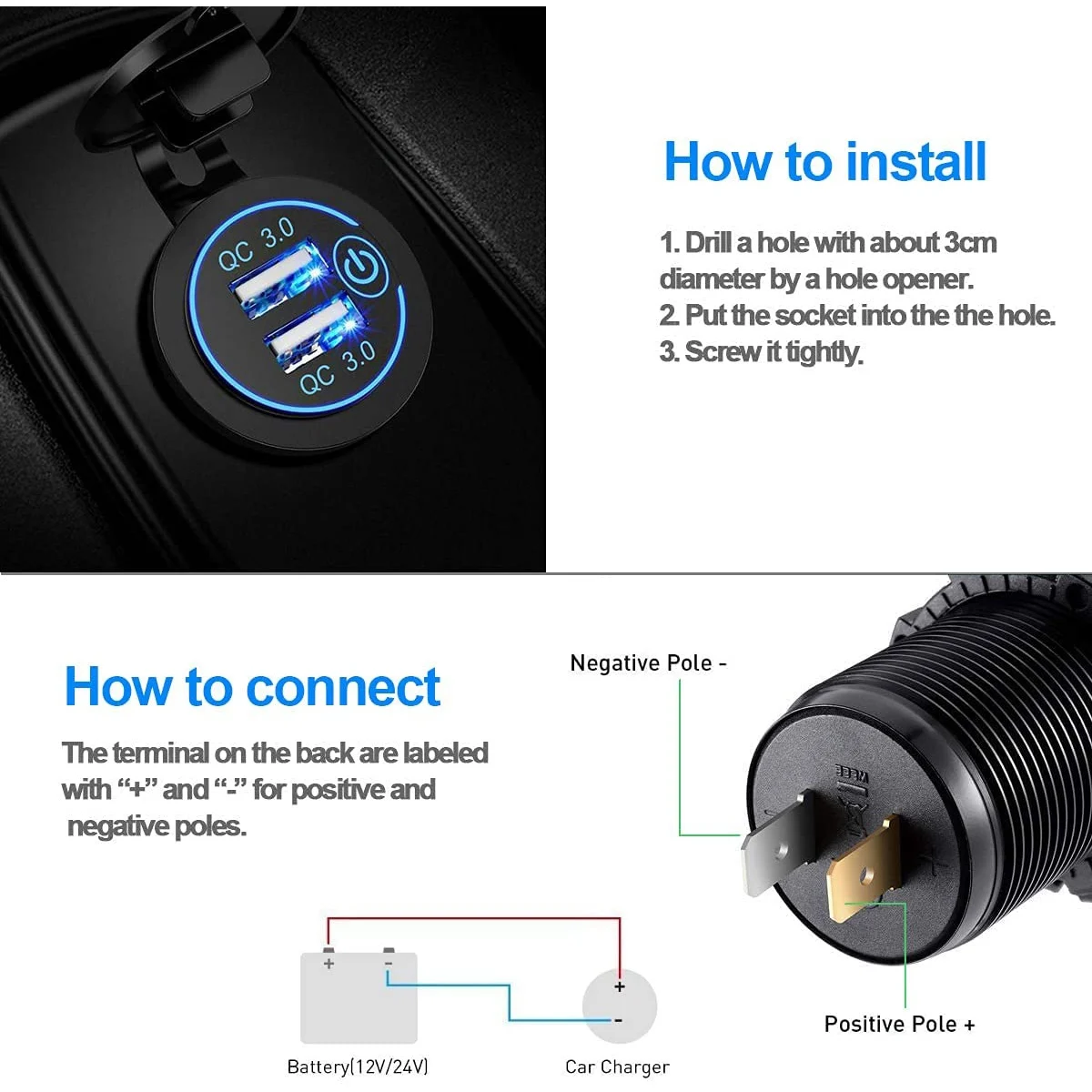 QC 3.0 Dual USB Charger Socket,Waterproof 12V/24V USB Outlet with Press Switch for Car, Marine,RV,Motorcycle,Blue 2Pack