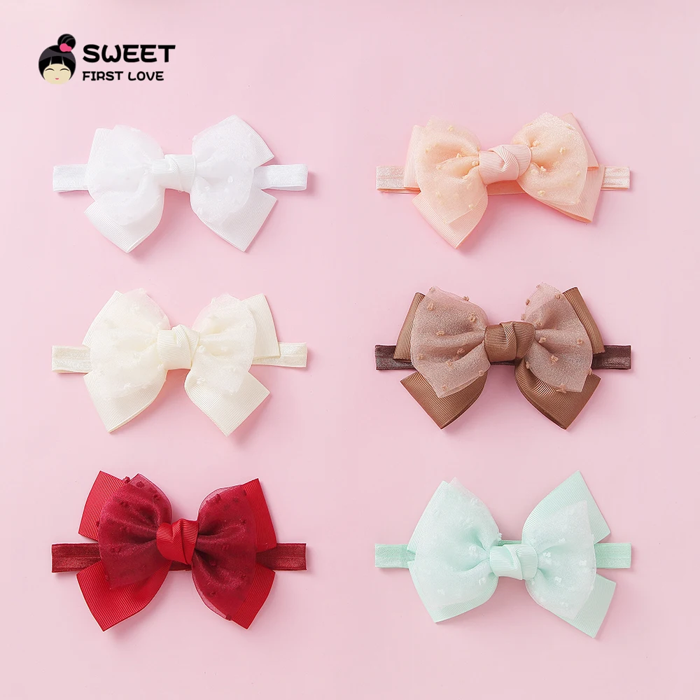 Baby Gauze Bow Headband Kawaii Princess Solid Color Bowknot Hair Band For Newborn Girls Soft Elastic Children\'s Hair Accessories