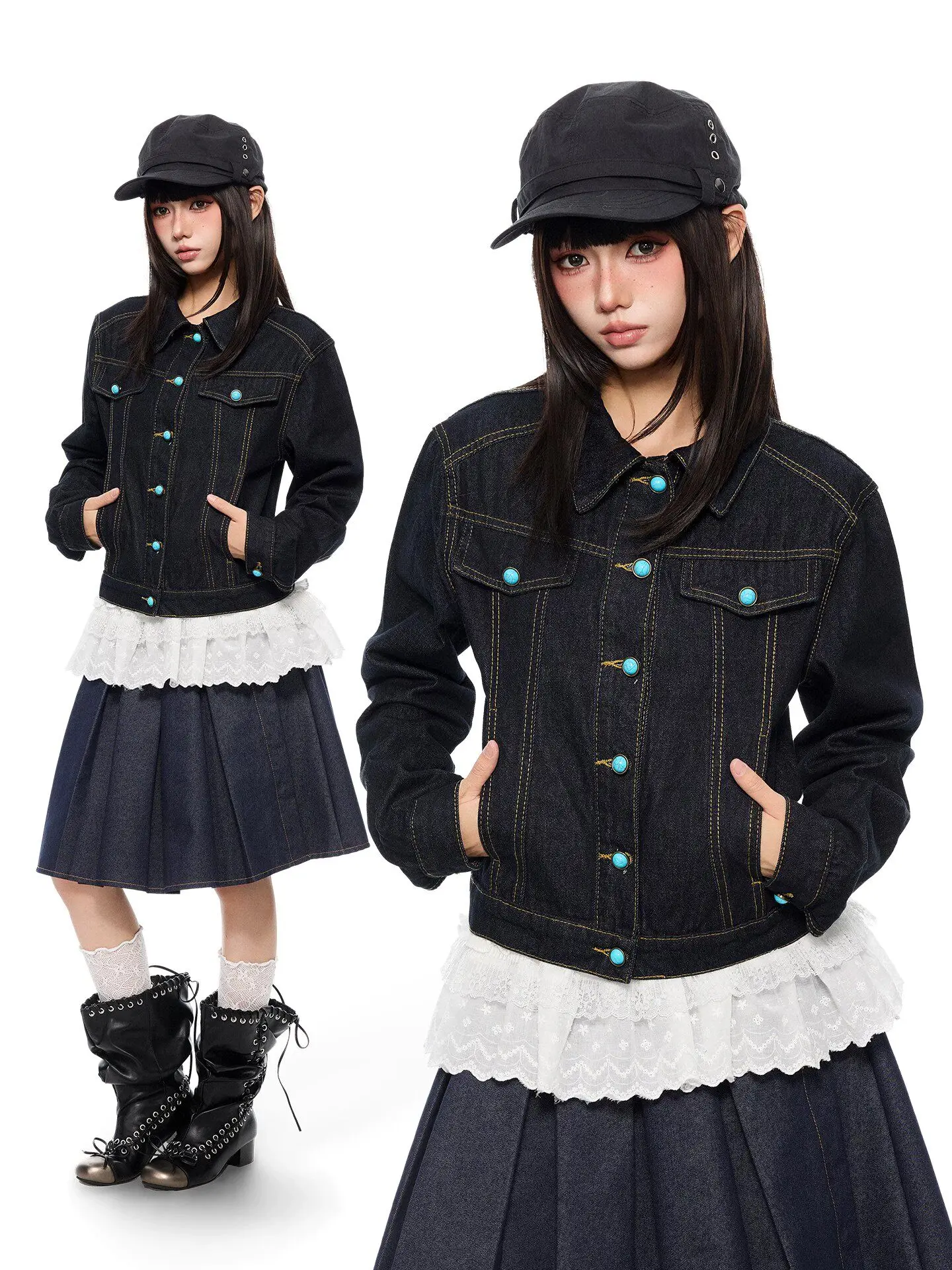 Women's Dark Blue Denim Jacket Vintage Fashion Long Sleeve Polo-Neck Cropped Jean Jacket Harajuku Korean Outerwear 2000s Clothes