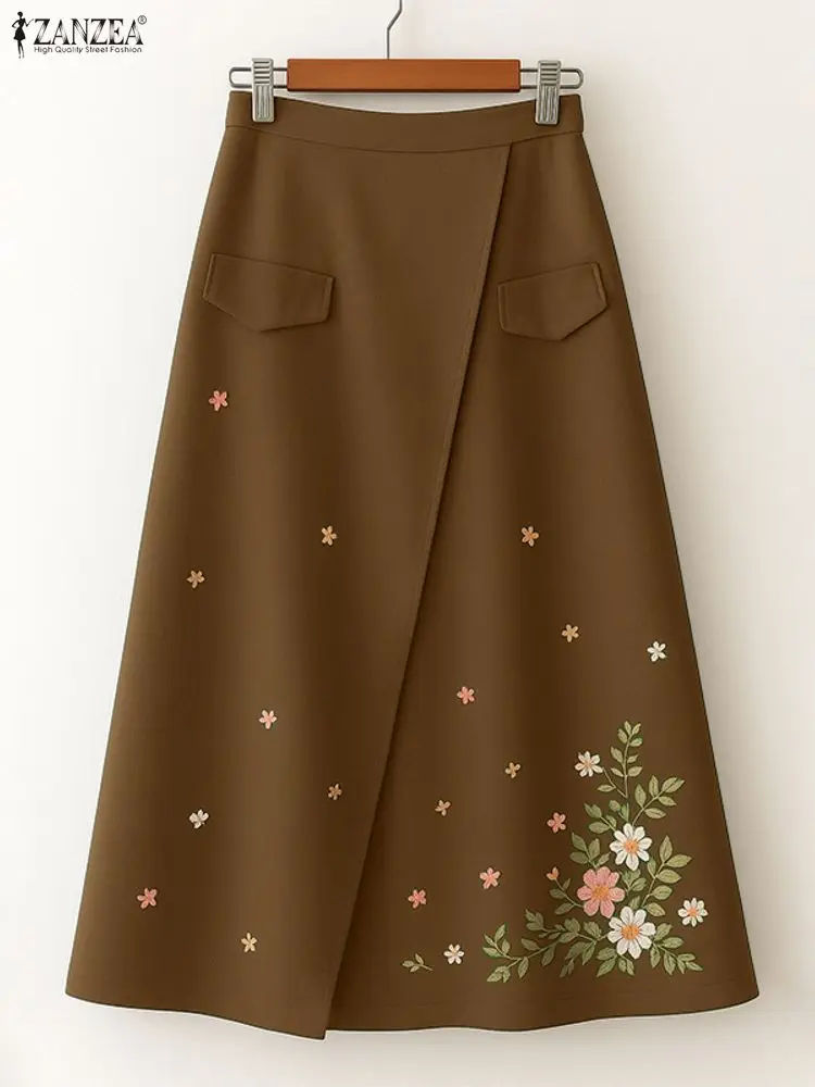 2025 ZANZEA الخريف مرونة الخصر Faldas Saia Jupes خمر النساء التنانير الأزهار المطبوعة رداء فام عادية فضفاض ألف خط Vestidos