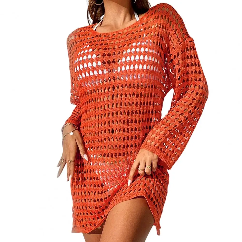 Quick-drying Beach Cover Up Stylish Crochet Beach Dress Sexy Swimsuit Cover Up Summer Hollow Bikini Cover Up O-neck Long Sleeve