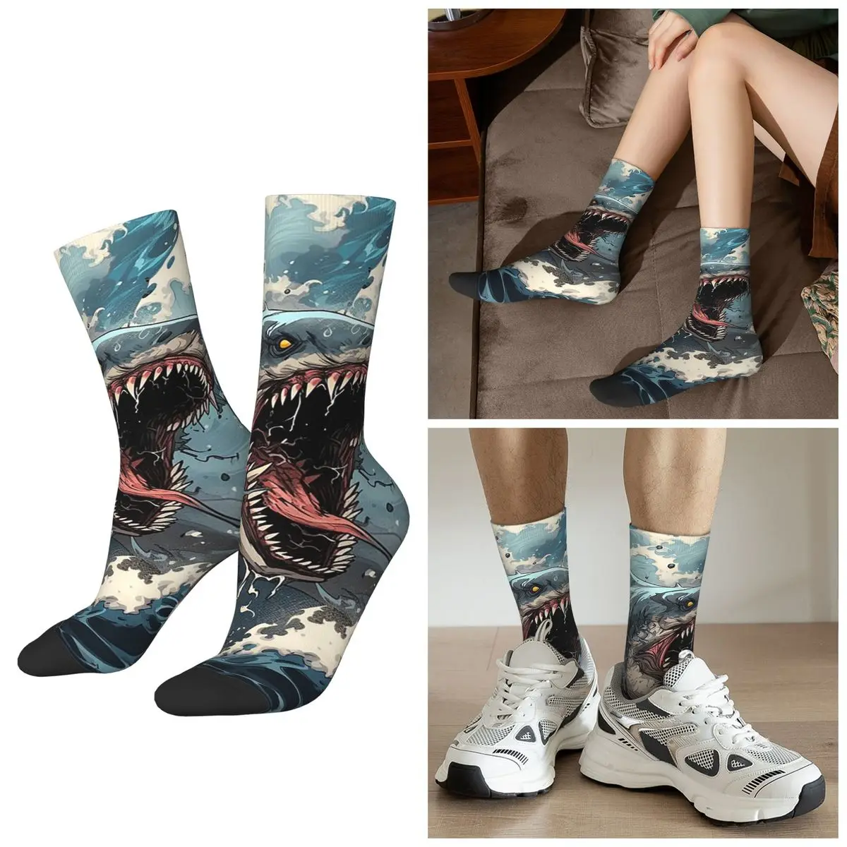 

All Seasons Fierce Shark Print Socks Harajuku Sport Middle Tube Socks Super Soft Stockings for Men Women Gifts