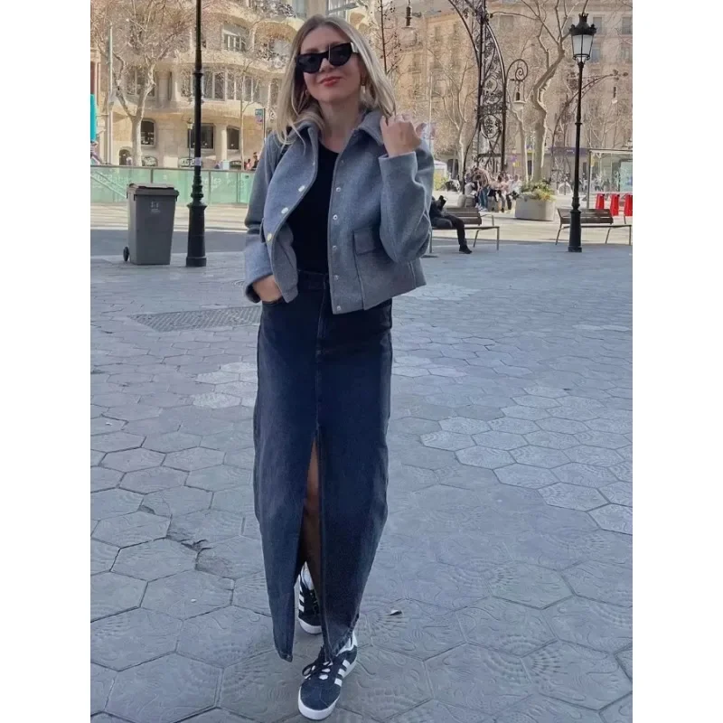 2025 Women's Aviator Black Jacket Wool & Blends Coats Cropped Bomber Jacket  Autumn Winter Demi-season Crop Jacket Outerwears