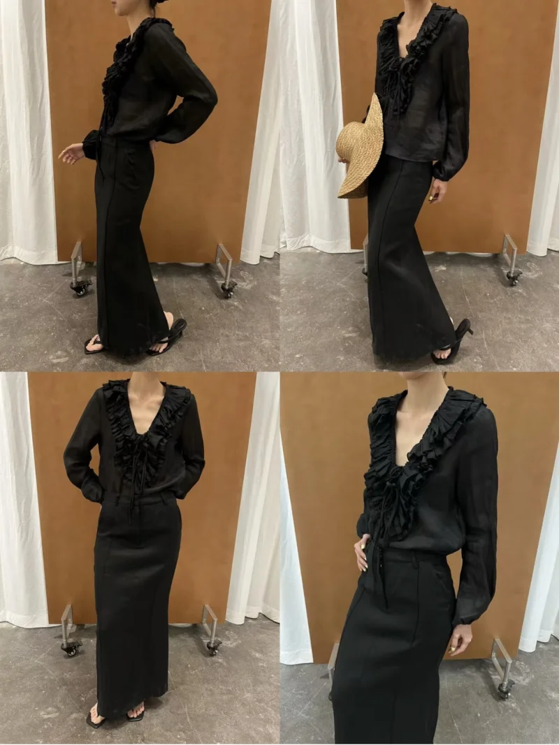 2025년 봄 신상품 ZW 시리즈 라미네이트 셔츠 라이셀 혼방 레이스업 V넥 반투명 긴팔 블라우스 (여성용)