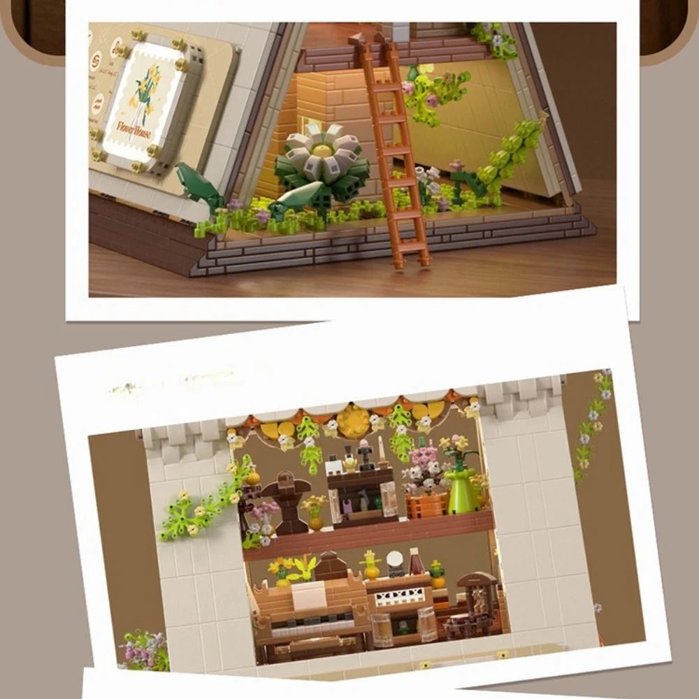 MOC A-vormige Bloemenwinkel Winkel Huis Bouwstenen Set Herfst Brief Diamant Model DIY Speelgoed Voor Kinderen Verjaardag Vakantie Geschenken