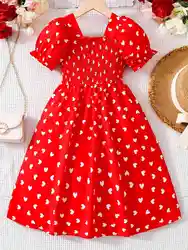 Girls' red love print puff sleeve dress - summer fashion choice