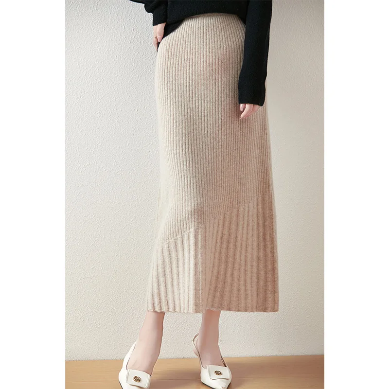 100% Wool Skirt For Women French Fashion Warm Autumn Winter High-Quality Knitted Hip Hugging Skirt