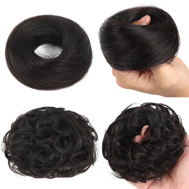 4Pcs/Lot Real Hair Ball Head Wig Bun Maker Tray Fluffy Natural Straight Curl Donut Flower Act Fake Headband Accessories HA2594