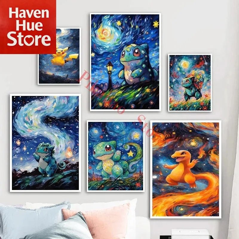 Figuras de Pokémon de cielo estrellado de Van Gogh, pintura en lienzo de Pikachu, carteles e impresiones, imagen artística de pared para decoración de sala de estar